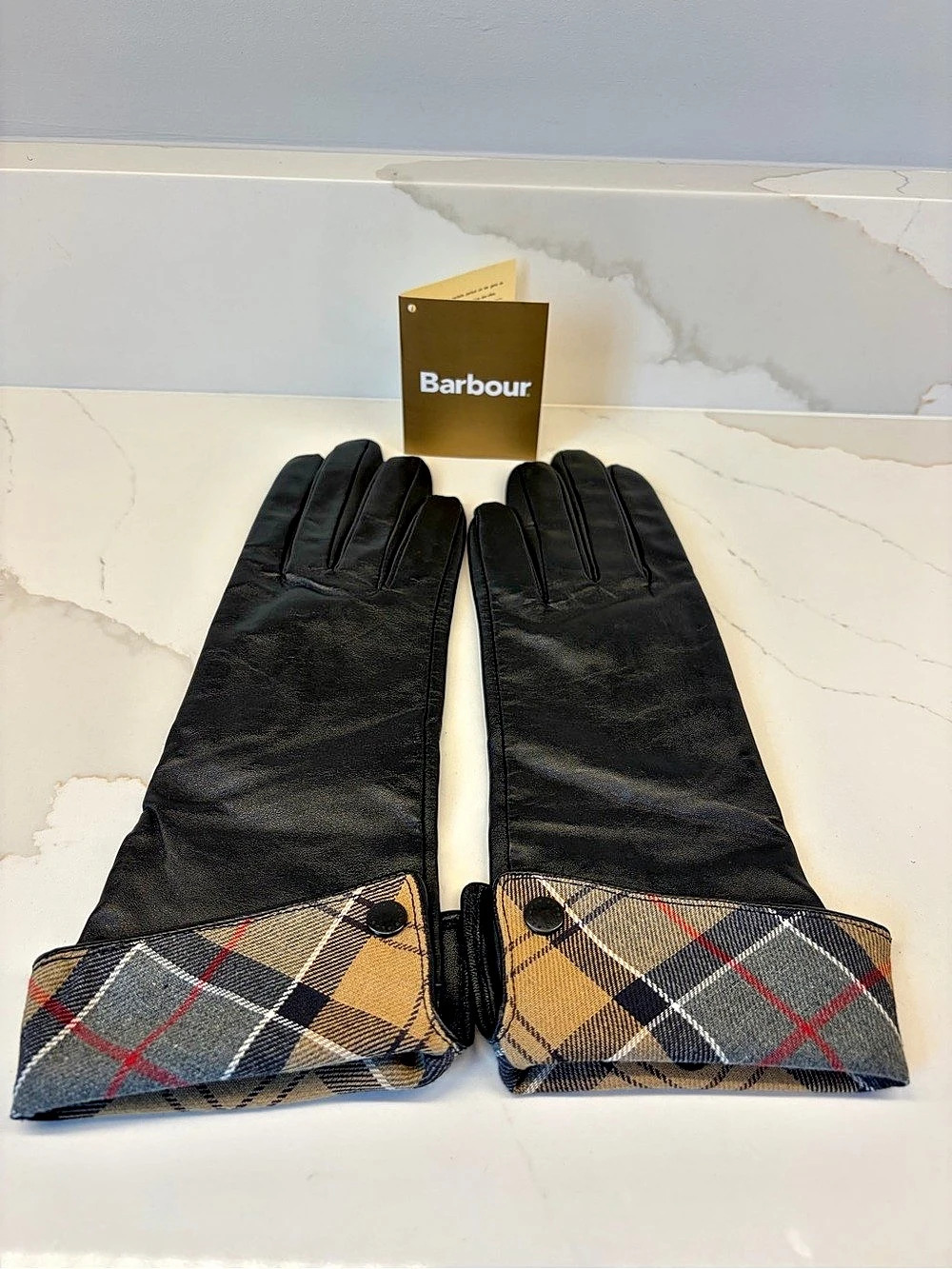 Barbour Lady Jane Leather Glove Plaid Leather Gloves in Black & Brown Size Small